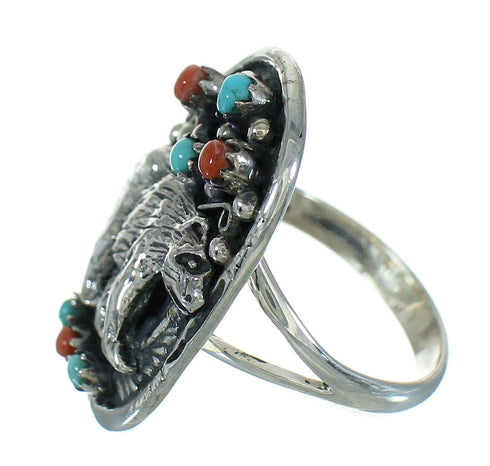 Sterling Silver Turquoise And Coral Southwest Bear Ring Size 6 RX84856